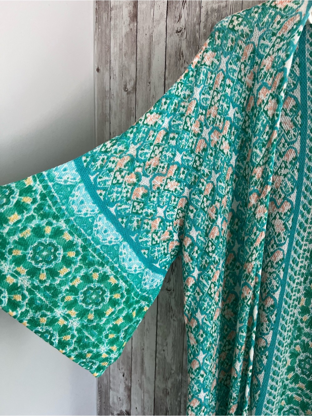Chico's Teal Floral Open-Front Tile Cardigan Kimono Coverup 3/4 Sleeve - Picture 4 of 6